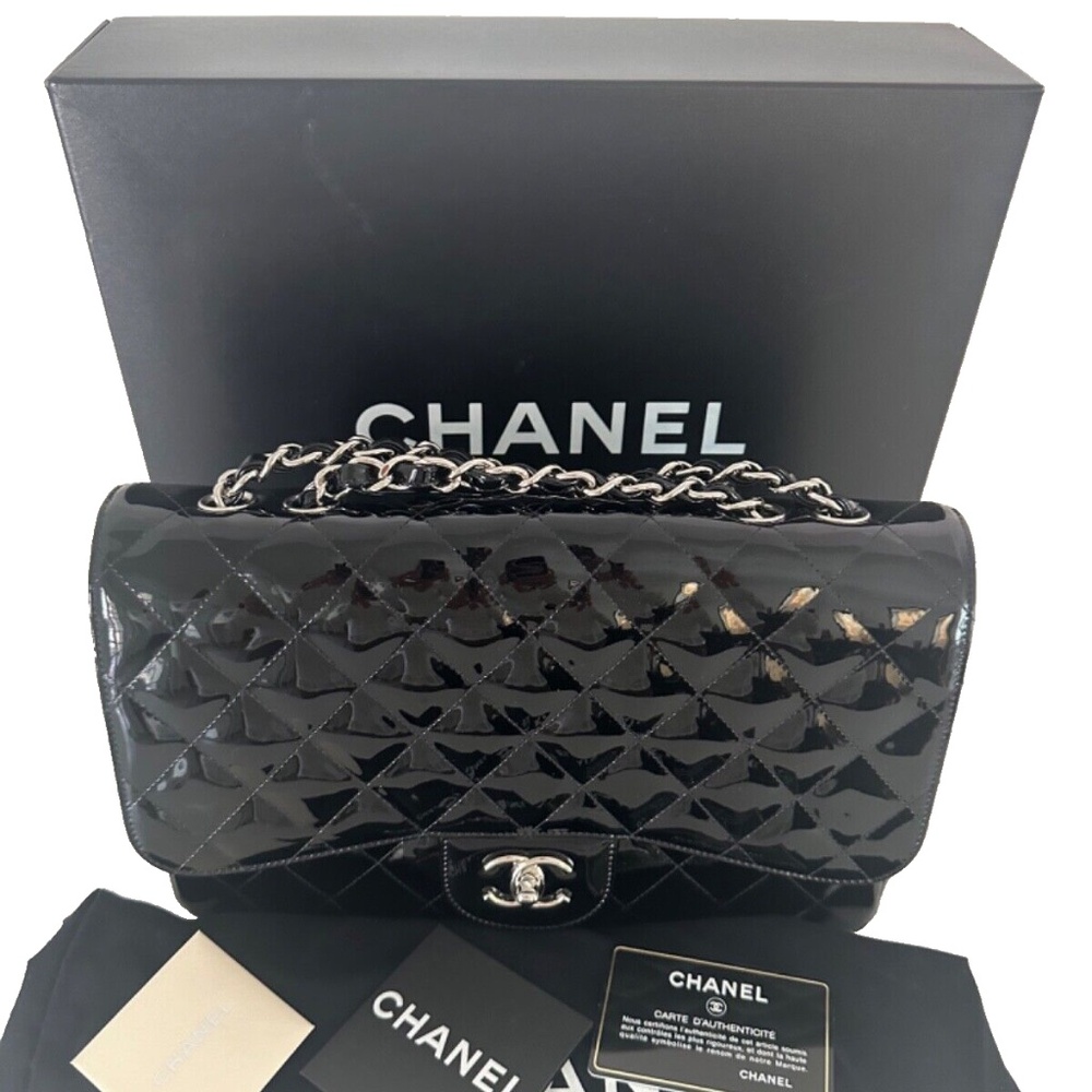 Chanel Black Quilted Patent Leather Jumbo Classic Single Flap Bag